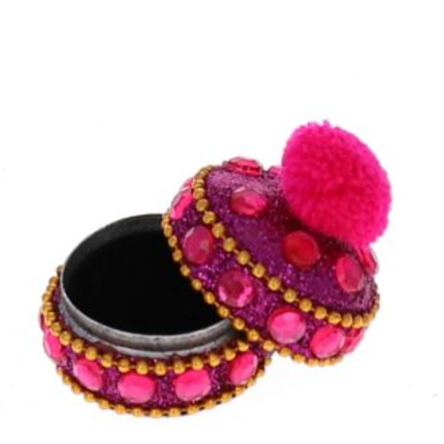Petite boîte ronde indienne pompon fuschia