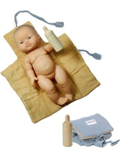 Maison Bonheur Minikane - Set matelas Baby Nomade bleu artic & son biberon en bois